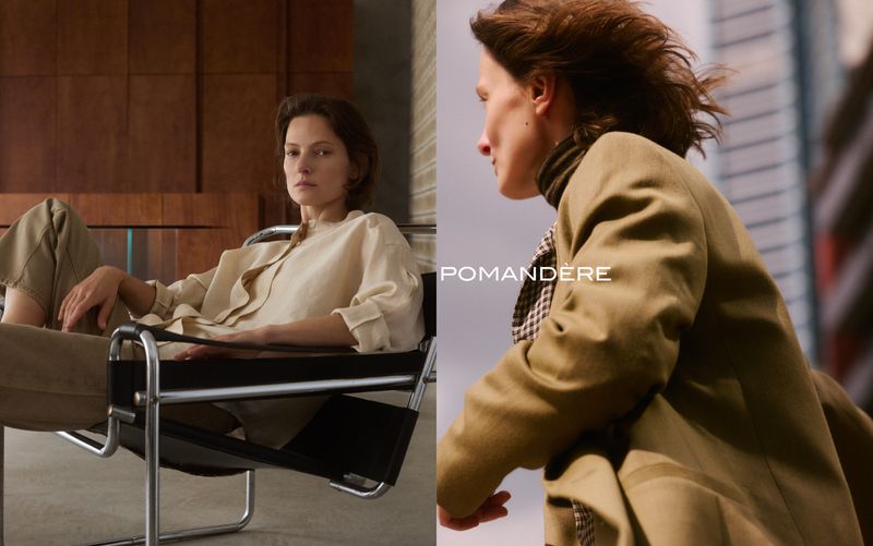 Split fashion diptych featuring model Tanya Ruban seated in a tubular chair and in motion wearing a tan blazer for Pomandère.