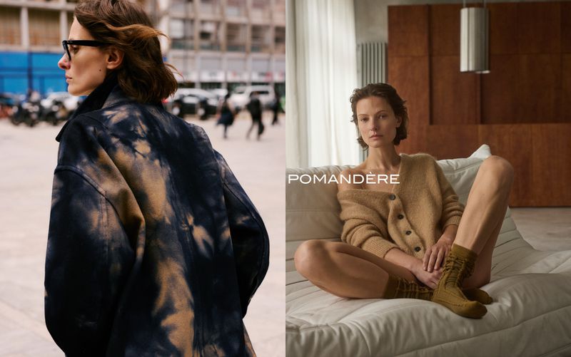 Diptych of Tanya Ruban in a tie-dye jacket outdoors and sitting cross-legged on a white sofa in a beige knit cardigan for Pomandère.