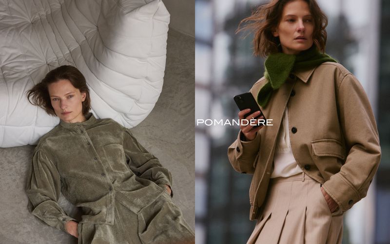 Split image of model Tanya Ruban in a sage corduroy set beside a white chair and in a camel jacket with a green neckerchief.