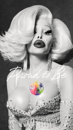 Monochrome portrait of Amanda Lepore with voluminous retro hairstyle and crystal embellished corset with Proud to Be text overlay.