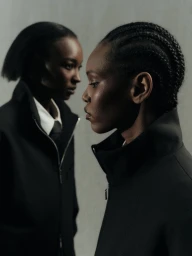Two Black models in black high-collar zip jackets against a plain grey studio backdrop.
