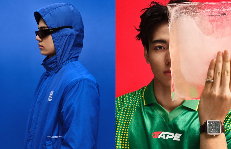 Diptych portrait of a young man in a blue hooded jacket next to a man holding an ice block against a red background.