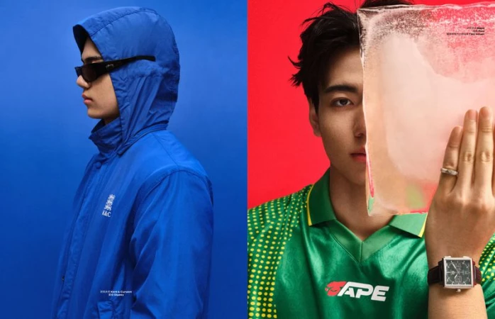 Diptych portrait of a young man in a blue hooded jacket next to a man holding an ice block against a red background.