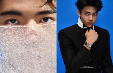 Editorial diptych of an East Asian man behind a block of ice alongside a portrait in a black jacket and luxury watch against blue.