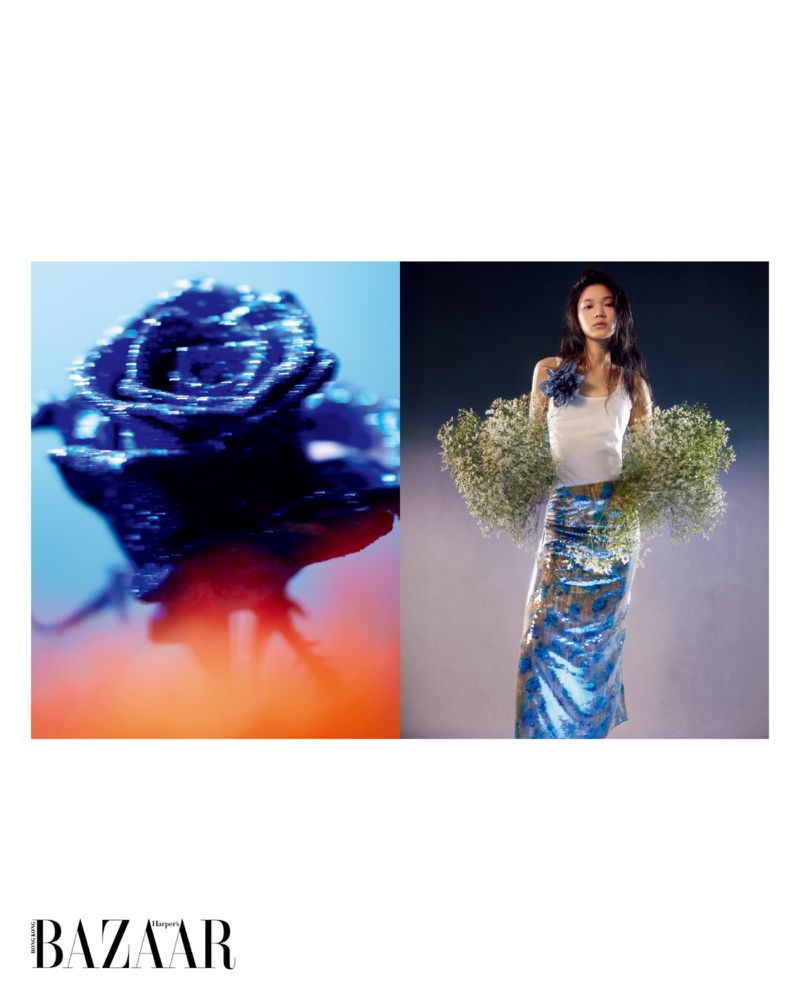 Fashion editorial diptych featuring Ching Yeung with floral bundles beside a close-up blue rose for Harper's Bazaar Hong Kong.