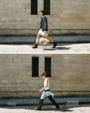 Split editorial image of a young man walking past a pale stone building in designer menswear with a tan tote bag.