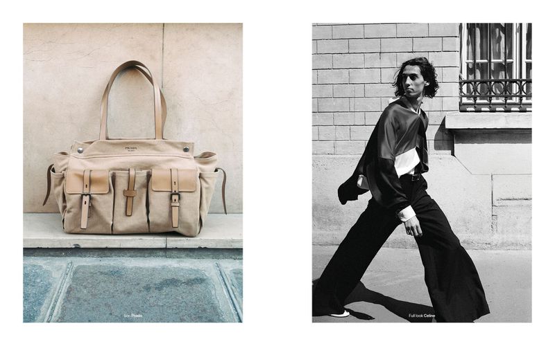 Editorial spread with a beige canvas utility tote bag alongside a black and white photo of a man striding down a street.