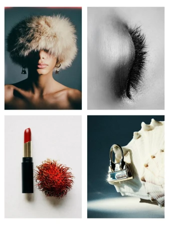 Four-panel editorial collage featuring a model in a fur hat, an eyelash close-up, a red lipstick with rambutan, and a gold handbag charm.