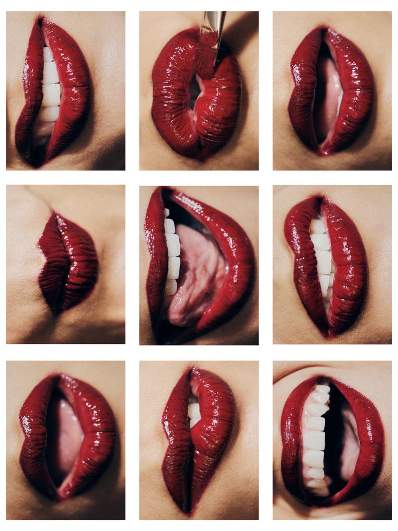 Nine-panel photo grid of close-up shots featuring glossy dark red lips in different expressions and lipstick application.