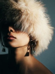 Model wearing a large fluffy beige fur hat covering her eyes and silver purse drop earrings against a dark studio backdrop.