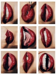 Nine-panel photo grid of close-up shots featuring glossy dark red lips in different expressions and lipstick application.