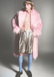 Fashion model wearing an oversized pastel pink fur coat, metallic gold shorts, and blue knee socks against a grey studio backdrop.