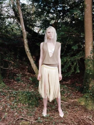 Model Ivy Stewart wearing a beige knit top and fringe skirt standing in a dense woodland setting for Dazed Magazine.