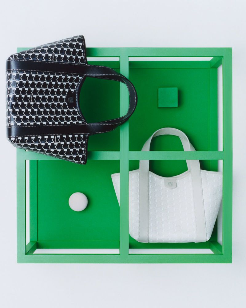 Black and white patterned tote bag and solid white tote bag inside a green cubical frame, studio shot.