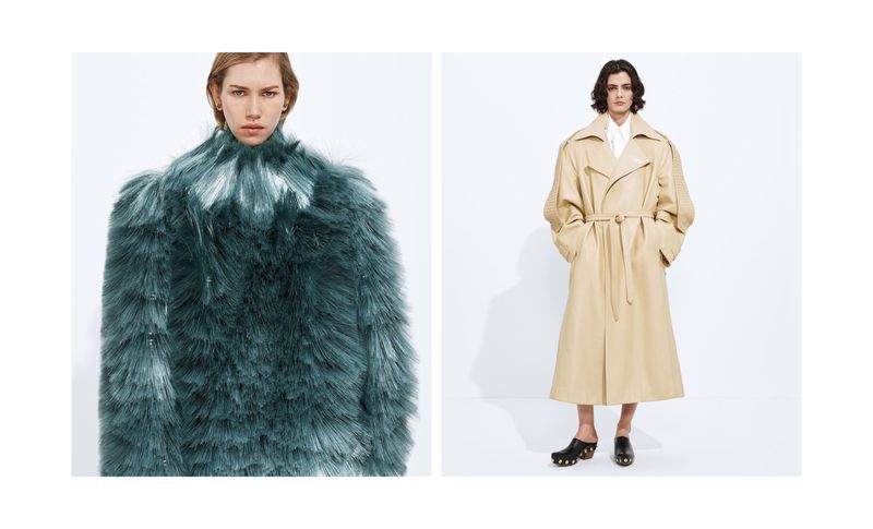 Diptych of models wearing a teal textured fringe coat and a belted beige trench coat against a white studio background for Bottega Veneta.