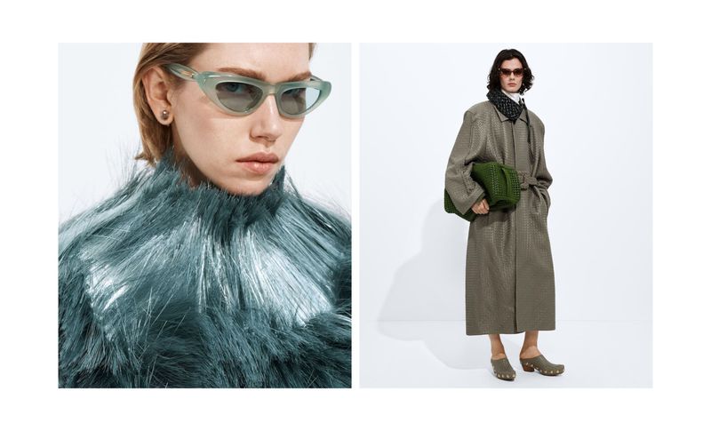 Diptych featuring a close-up of a model in cat-eye sunglasses with textured teal faux fur beside a full-length lookbook outfit.