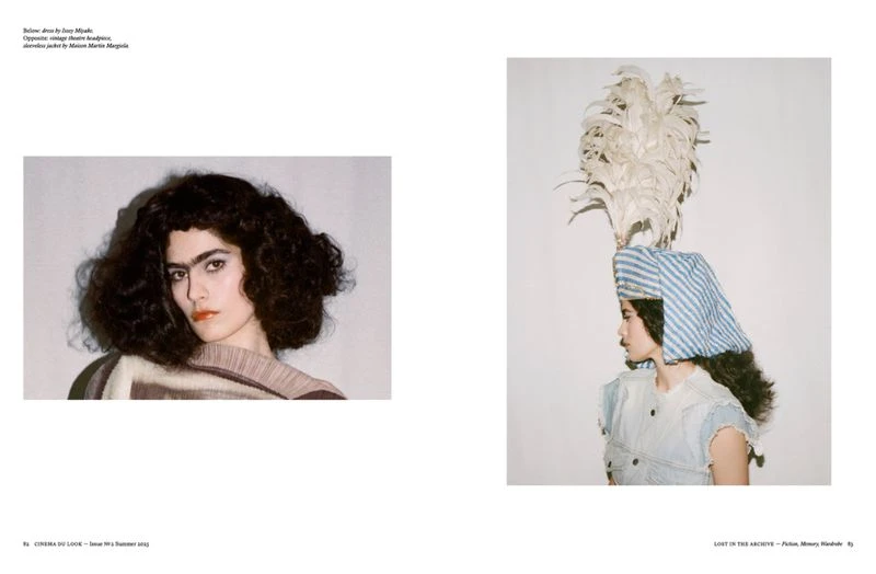 Two fashion portraits feature women with unique headwear and clothing, set against a plain white backdrop, showcasing editorial style.