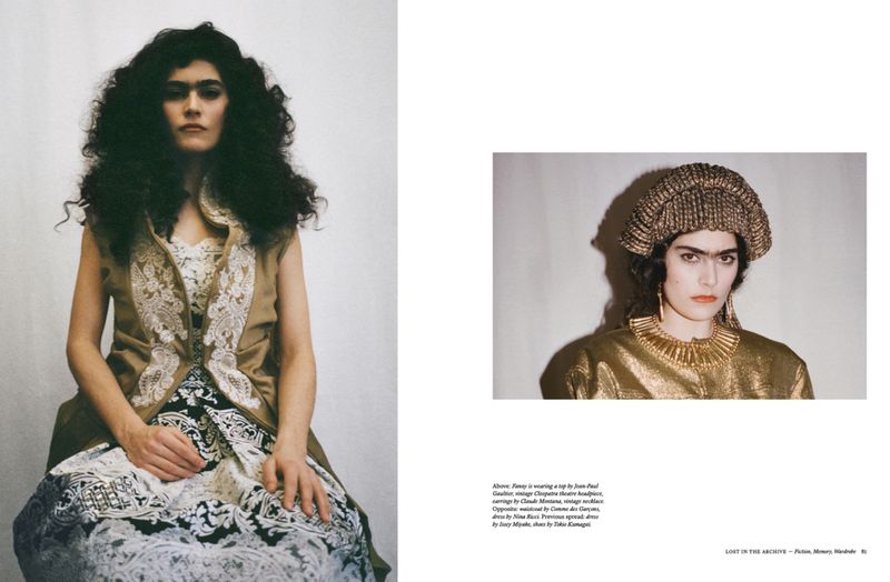 Fashion editorial spread featuring model Fanny Patarin wearing an embroidered vest on the left and a gold headpiece on the right.