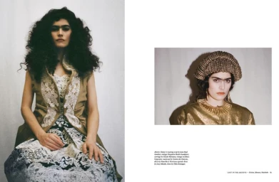 Fashion editorial spread featuring model Fanny Patarin wearing an embroidered vest on the left and a gold headpiece on the right.