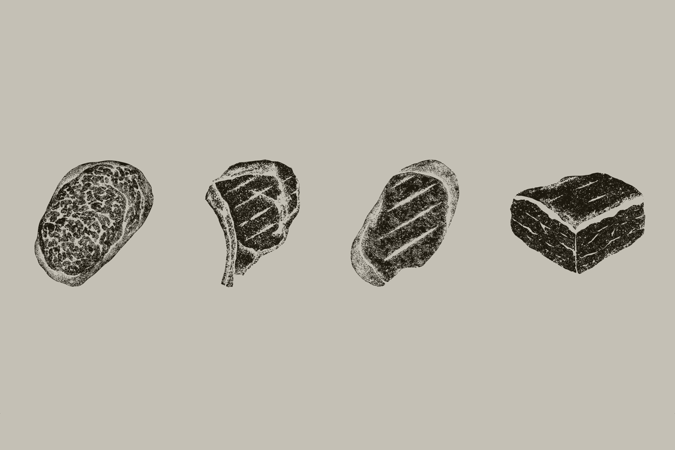 Four black-and-white illustrated meat cuts arranged horizontally across a solid light beige background.