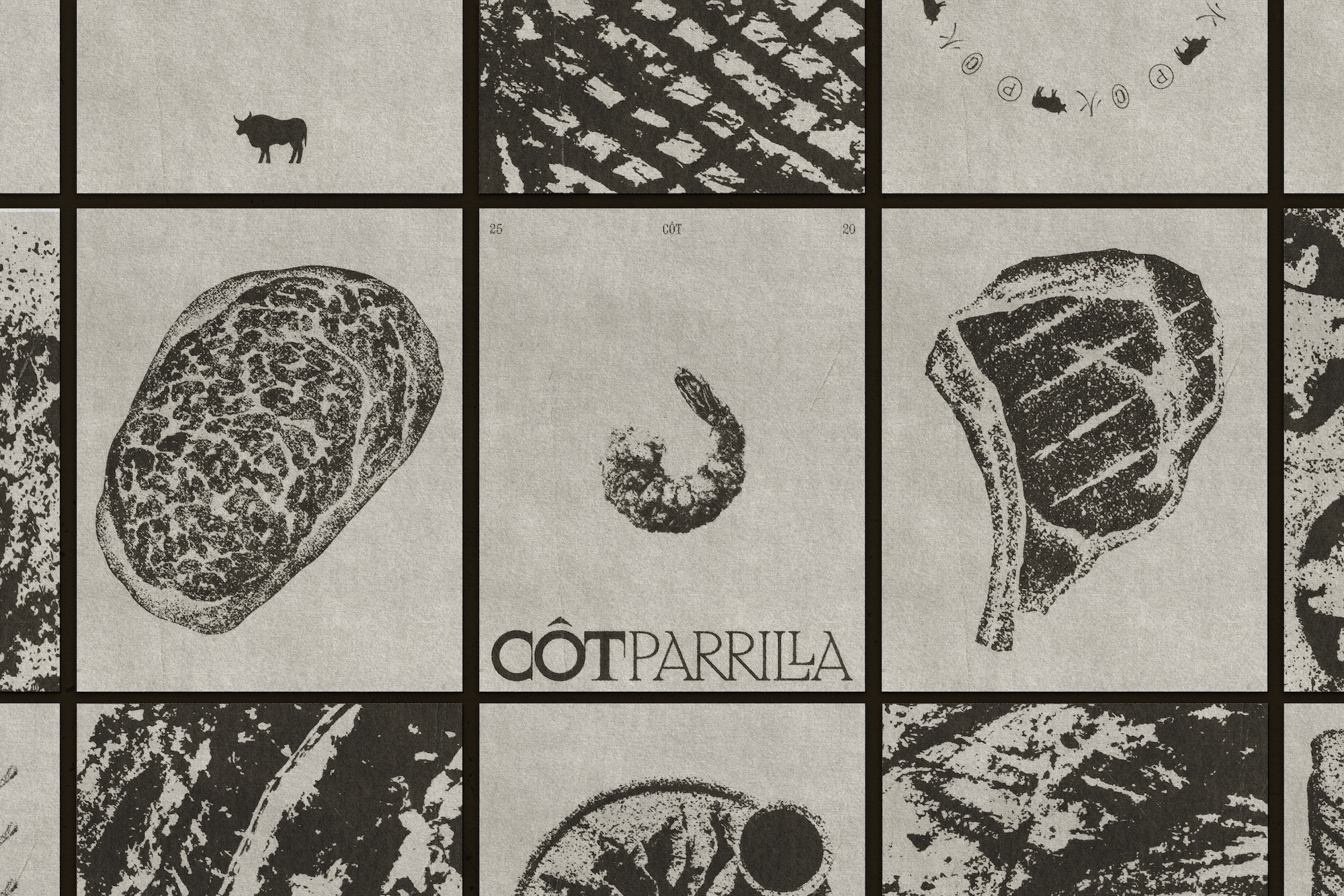 Monochrome graphic grid layout featuring textured illustrations of steak cuts, a shrimp, grill marks, and the Cot Parrilla logo.