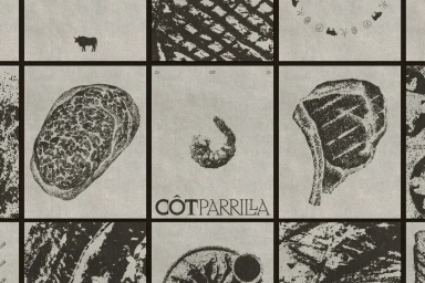 Monochrome graphic grid layout featuring textured illustrations of steak cuts, a shrimp, grill marks, and the Cot Parrilla logo.