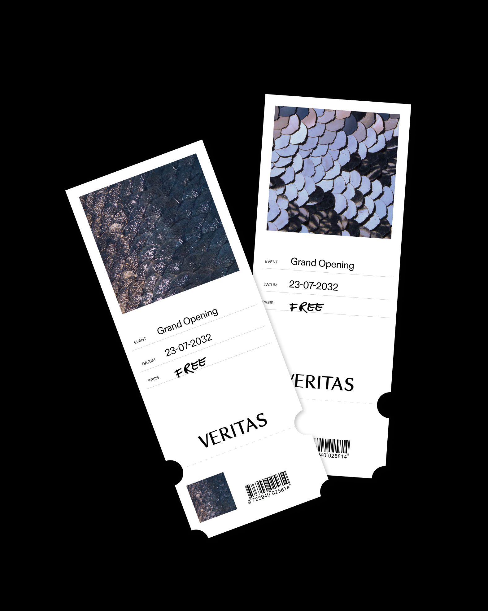 Two white event tickets featuring macro texture imagery and VERITAS branding against a solid black background.