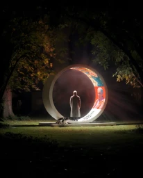 A person in a coat standing inside a large illuminated circular installation in a park at night with a cat nearby.