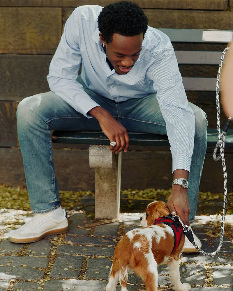 Young adult male sitting on a park bench pets a Cavalier King Charles Spaniel puppy outdoors in a public park on a sunny day.