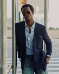 Wisdom Kaye wearing sunglasses and a navy double-breasted blazer with a blue shirt while leaning against a metal post on a city street.