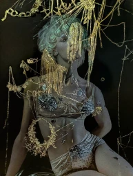 Model Maty Drazek seated against a dark background draped in ornate gold chain jewelry for Google Pixel Creator Labs.