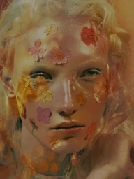 Close-up portrait of a blonde model with colorful pressed flowers applied across her face in soft, warm lighting.