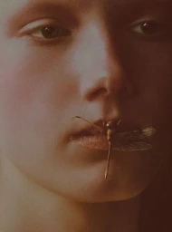 Extreme close up portrait of a woman with soft painterly lighting and a dragonfly resting on her lips.