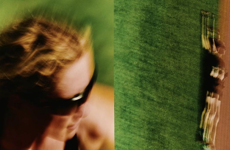 Motion-blurred split view of a woman wearing sunglasses while running alongside a blurred full-body figure on green turf.