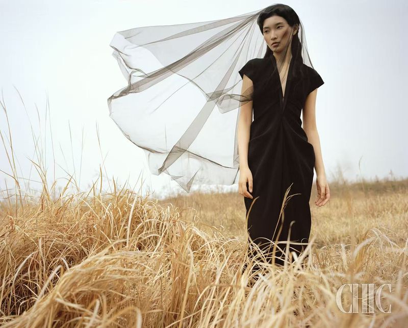 Model in black dress with sheer veil standing in tall dry grass for Chic Magazine China