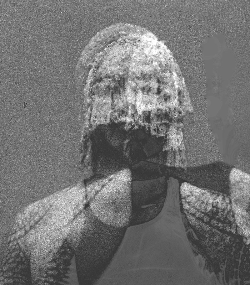 Monochrome layered portrait of Adam Lambert with textured overlay covering his head and shoulders in a tank top.