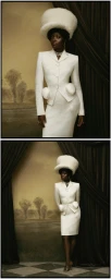Lupita Nyong'o posing in a structured white skirt suit and matching oversized white hat framed by dark drapery.