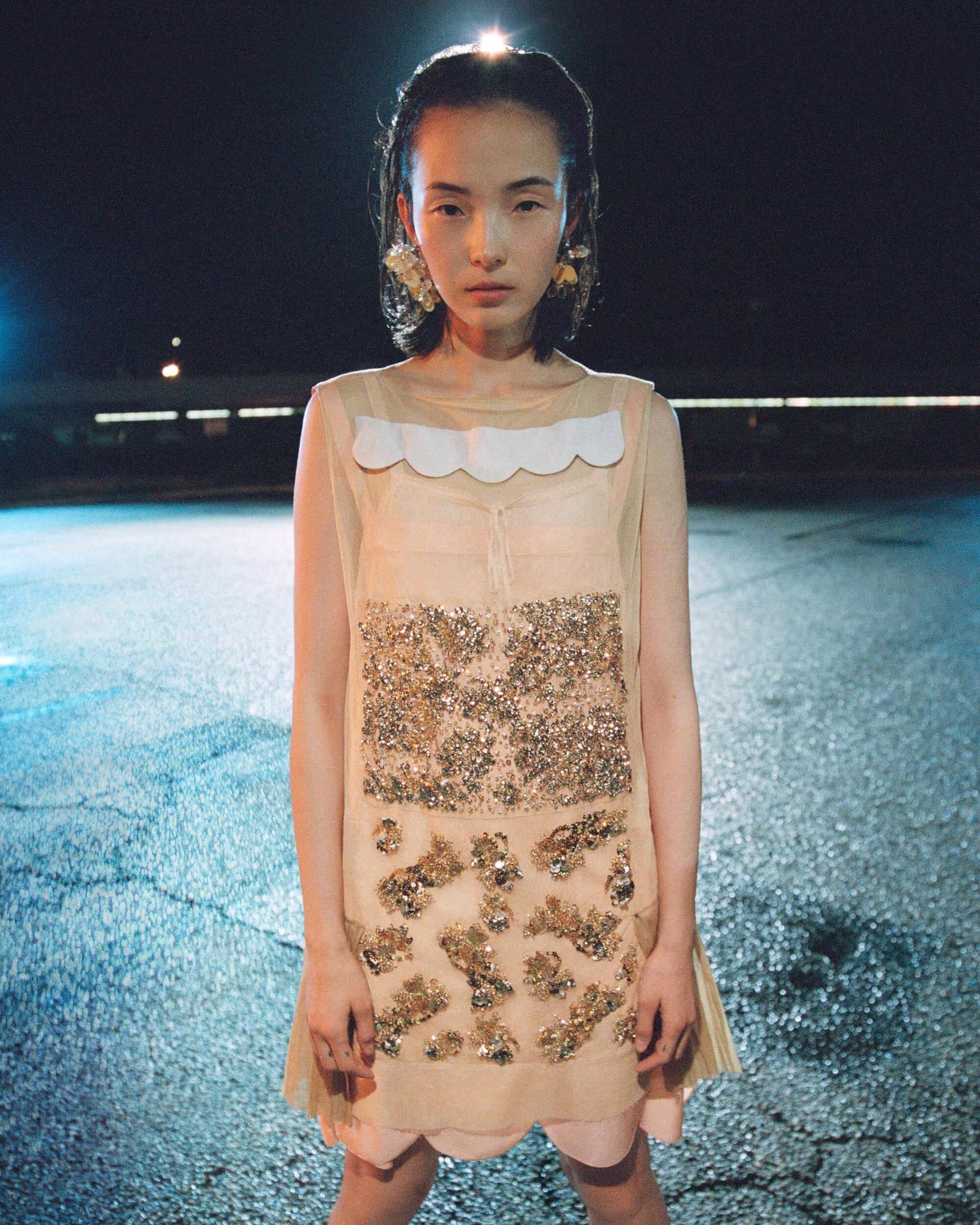 Model standing outdoors at night wearing a sheer embellished dress with a scalloped collar against an asphalt ground.