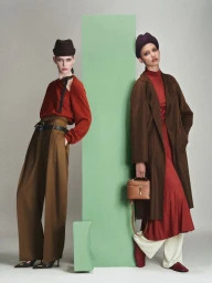 Cora Emmanuel and a model pose in tailored brown trousers, red knitwear, and hats by a green column for Elle Germany.