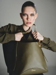 Model with slicked-back hair holding an olive green leather Dior bucket bag in front of a neutral grey backdrop.