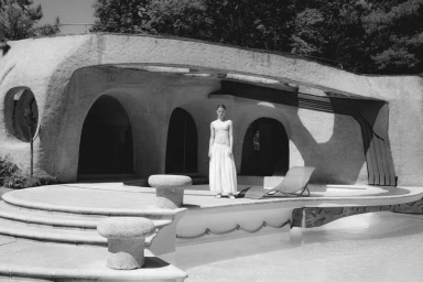 Black and white photo of a model in a white strapless top and long skirt standing by a pool before organic sculptural architecture.