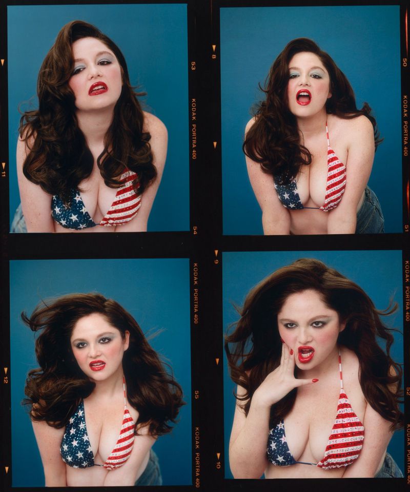 A woman in a patriotic bikini top poses against a blue background, captured in a contact sheet with four variations of her pose and expression.