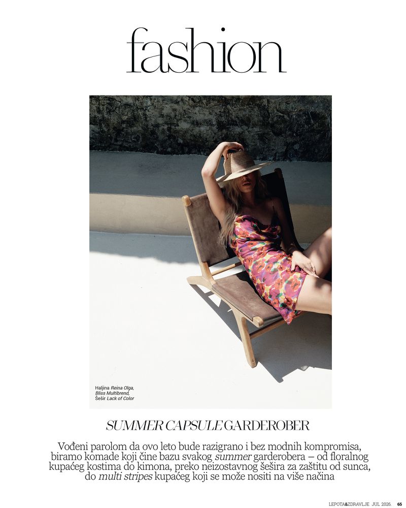 Magazine editorial layout featuring a woman lounging in a wooden sling chair wearing a floral mini dress and straw sun hat.