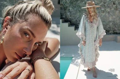 Fashion editorial diptych with a close-up of a woman in gold jewelry and a full-length shot in a floral ruffled kaftan and straw hat by a pool.