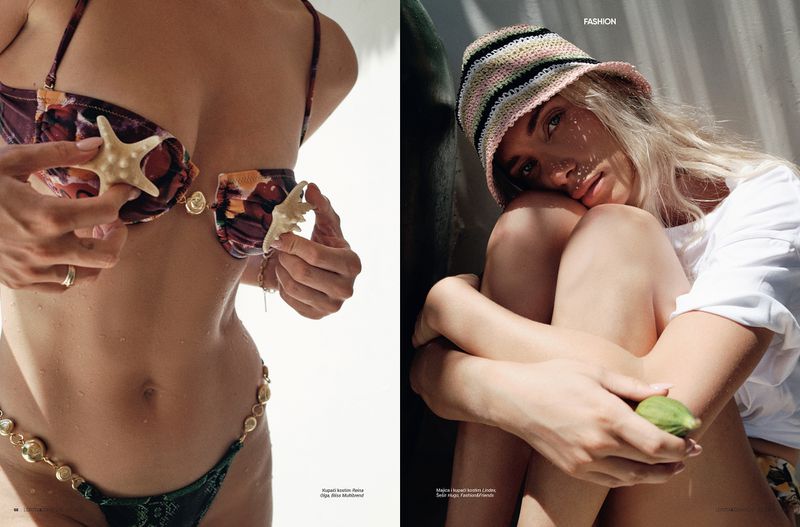 Editorial spread featuring a woman in a printed bikini holding starfish alongside a woman seated in a striped crochet bucket hat.