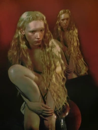 Model with long wavy blonde hair crouched in front of a mirror against a deep red background in a painterly editorial portrait.