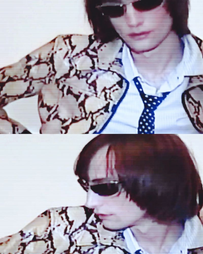 Fashionable adult male with brown hair and sunglasses, wearing a snake-print jacket with a shirt and tie, shot in a portrait-style.