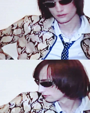 Fashionable adult male with brown hair and sunglasses, wearing a snake-print jacket with a shirt and tie, shot in a portrait-style.