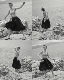Four-panel black and white fashion editorial of a woman posing on a rocky coastline in a voluminous midi skirt and bralette.