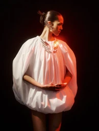 Model posing in profile wearing a voluminous white bubble dress and silver sculptural necklace with red rim lighting against a black backdrop.